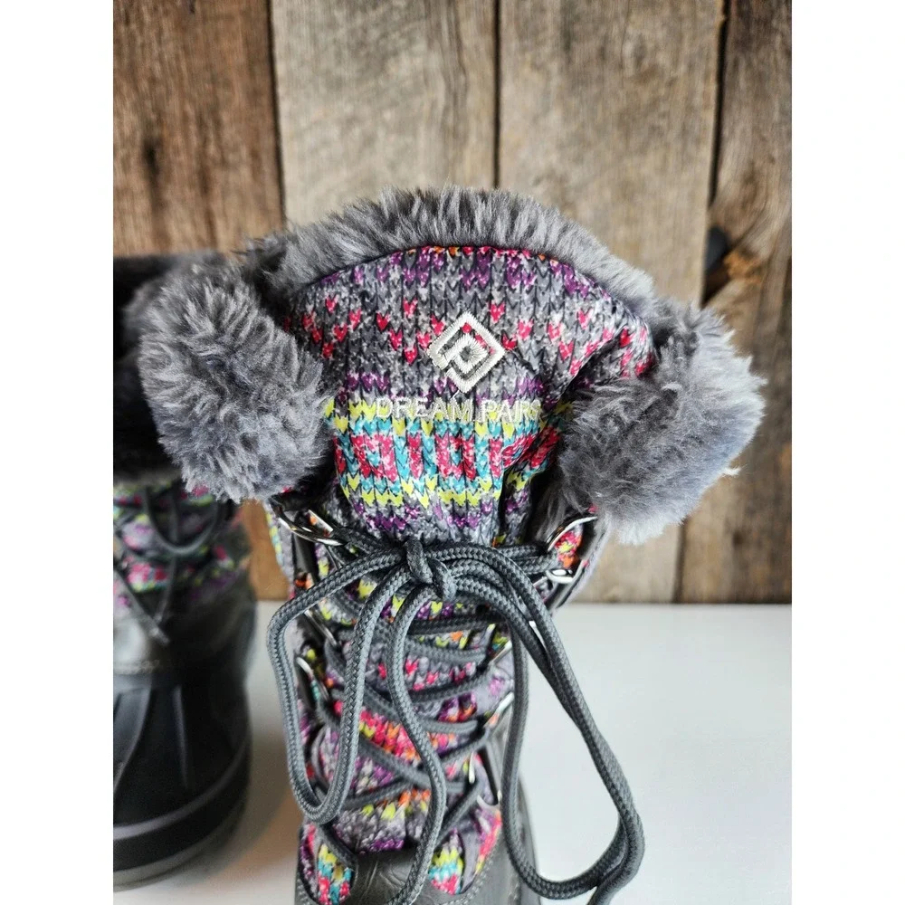 Kids Winter Snow Boots Dream Pairs Grey Multi Faux Fur Size 4